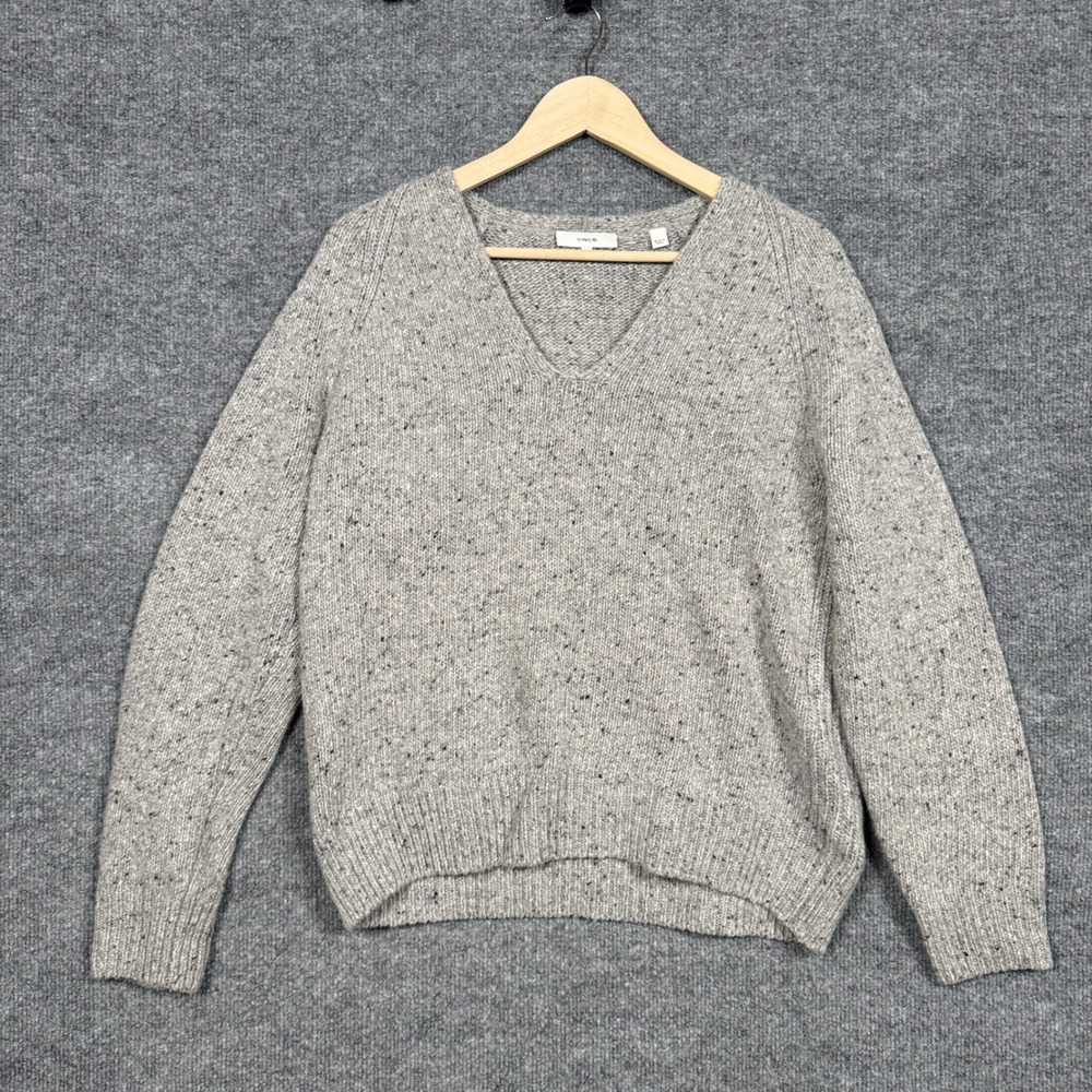 Vince Womens Sz Medium Sweater Gray Marled Wool Blend Knit V Neck Preppy Capsule